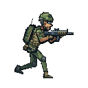 Soldier leaning forward, running and firing. Actual animated pixel art created in Lugh Pixel.